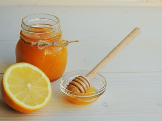 Honey and lemon. Healthy concept, background.