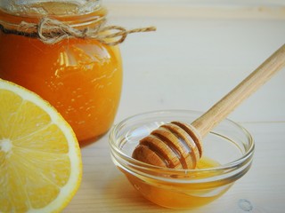 Honey and lemon. Healthy concept, background.