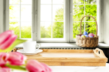 easter background of free space and blurred window of winter 