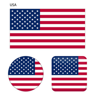 Flag of the United States Of America. Correct proportions, elements, colors. Set of icons, square, button. Vector illustration on white background.