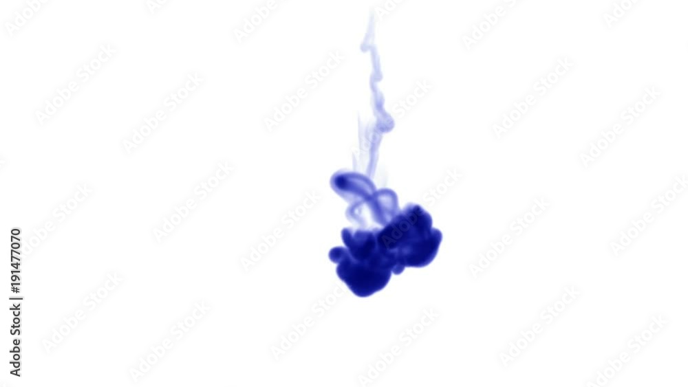 Poster stream of deep blue ink on a white background dissolve in water from top to bottom. side view. the a