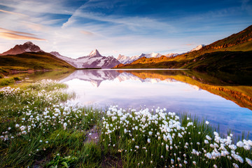 Great view of Bernese range above Bachalpsee lake. Location Swiss alps, Grindelwald valley.