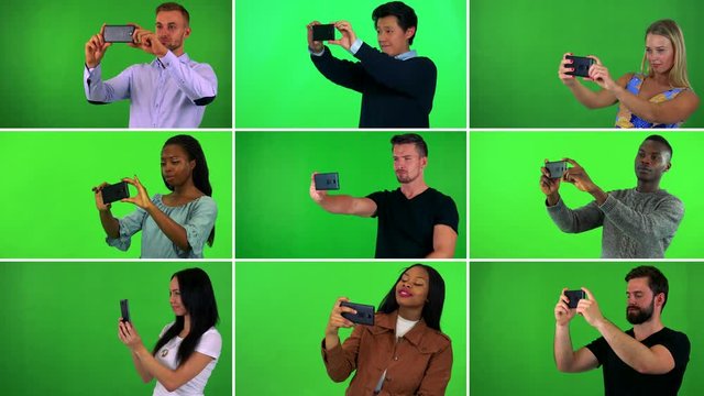 4K compilation (montage) - group of nine people take pictures with smartphones - green screen