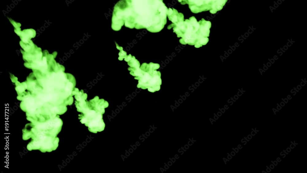 Poster powerful streams of fluorescent green ink on a black background dissolves in water from the top down