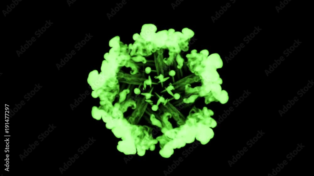 Poster powerful streams of fluorescent green ink on a black background dissolves in the water from the cent