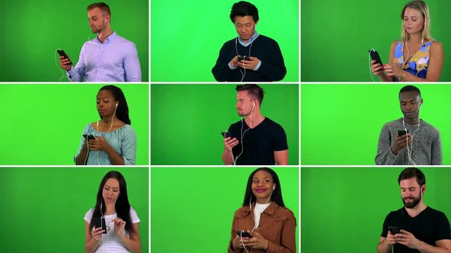 4K compilation (montage) - group of nine people listen to music on smartphones - green screen