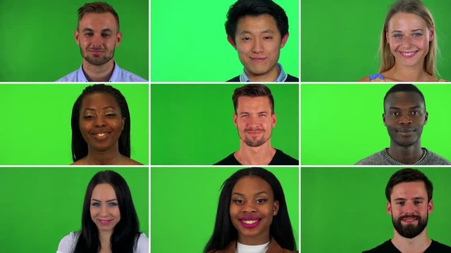 4K compilation (montage) - group of nine people smile at the camera - face closeup - green screen
