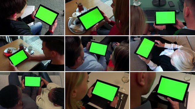 4K compilation (montage) - group of people look at tablets with green screen in various environments - closeup
