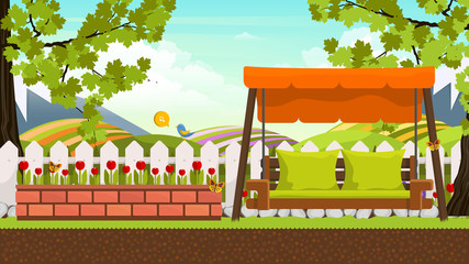 Beautiful vector art flower bed in garden with swing bed. Landscape background.