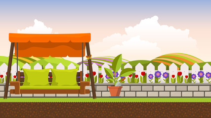 Beautiful vector art flower bed in garden with swing bed. Landscape background.