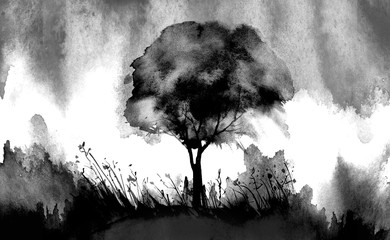 Watercolor banner, logo, postcard. Black silhouette of a tree, maple, oak, birch, poplar, linden. Watercolor landscape, black splash of paint, abstract spots, beautiful drawing. 
