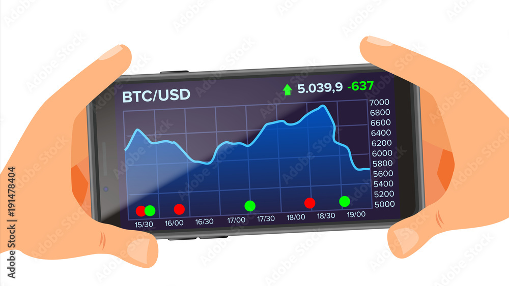 Poster bitcoin application web charts vector. hand holding smartphone. bitcoin exchange app. digital money.