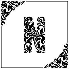 The letter N. Decorative Font with swirls and floral elements. Vintage style