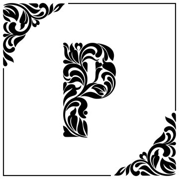 The letter P. Decorative Font with swirls and floral elements. Vintage style