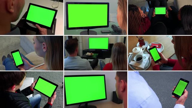 4K compilation (montage) - group of people look at devices with green screen in various environments