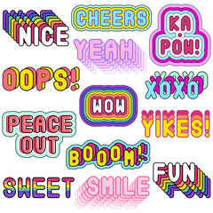 Big set of patches, stickers, badges, pins with words "Nice", "Cheers", "XOXO", "Peace out", "Wow", "Yeah", "Ka-pow!", "Sweet", etc. Modern slang phrases. Quirky cartoon comic style of 80s - 90s.