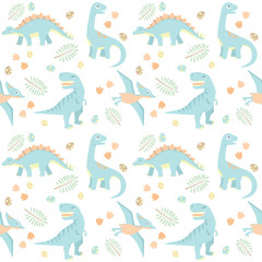 Baby Dinosaur Seamless Pattern Light Colors Vector Illustration Isolated on White