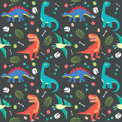 Baby Dinosaur Seamless Pattern Colorful Vector Illustration Dark Background © Kristina Jovanovic