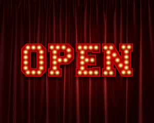 Open lightbulb lettering word against a red theatre curtain. 3D Rendering