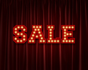 Sale lightbulb lettering word against a red theatre curtain. 3D Rendering