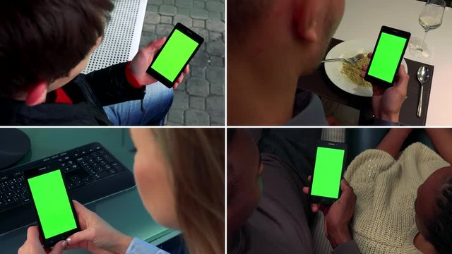 4K compilation (montage) - group of people look at smartphones with green screen in various environments - closeup