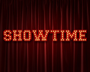 Showtime lightbulb lettering word against a red theatre curtain. 3D Rendering - obrazy, fototapety, plakaty