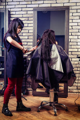 Naklejka premium Professional hairdresser combing hair of young brunette woman while she is sitting in armchair