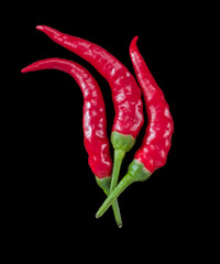 3 beautiful red chili peppers flame-shaped on black background