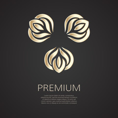 Golden flower shape. Gradient premium logotype. Isolated floral trefoil logo. Business identity concept for bio, eco company, yoga or spa salon.