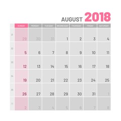 Practical light-colored planner, 2018, August, flat. Useful calendar for taking every day notes. Vector illustration