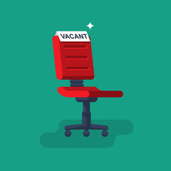 Vacant concept. Office empty chair with sign as symbol of an recruiting to work. Hiring staff. Vector illustration flat design. Isolated on background. Career position.