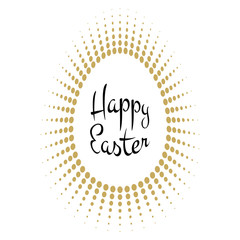 Happy Easter black typographic calligraphic lettering with gold halftone egg as rays frame isolated on white background. Retro holiday easter badge. Religious holiday sign. Vector illustration