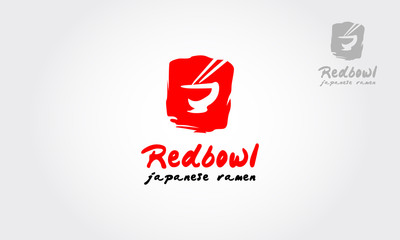 Red bowl Japanese Ramen Vector Logo Template. Suitable for any business related to ramen, noodles, fast food restaurants, Korean food, Japanese food or any other business on a red background.