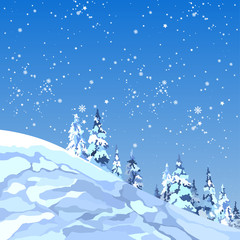background snowy mountain with firs and snowflakes