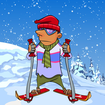 Cartoon Skier Standing On A Snow Mountain