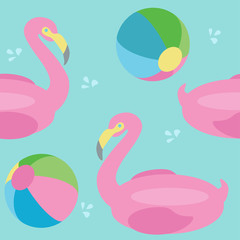 Flamingo floats and ball on swimming pool seamless pattern vector. Summer tile illustration. Swatches included.