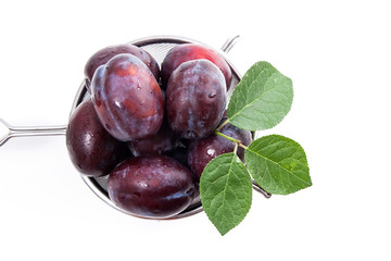Steel colander with ripe plums isolated on a white background..