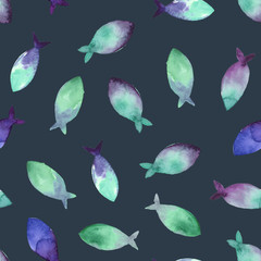 Watercolor seamless pattern of simple silhouette green and blue fishes