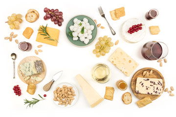 Selection of cheeses on white with place for text