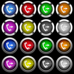 Outgoing phone call white icons in round glossy buttons on black background