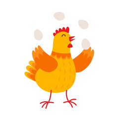 Funny hen is juggling by eggs vector flat illustration isolated on white background. Cute orange hen cartoon character.