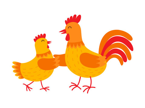 Funny hen and rooster are dancing vector flat illustration isolated on white background. Cute orange hen and rooster cartoon characters.