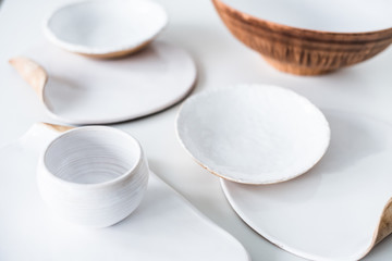 Set of beautiful handmade ceramic, various handcrafted plates an