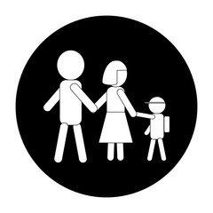 Simple family icon in black and white colors; symbol of child going to school with parents. Isolated background. Flat design for use in website, logo, app, UI, art. Vector illustration.