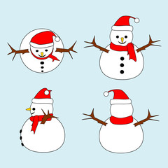 Set of Snowman with red hat and scarf in different views (top, front, side, back). Isolated on light blue background. Merry Christmas and happy new year concepts. Vector illustration.