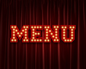 Menu lightbulb lettering word against a red theatre curtain. 3D Rendering