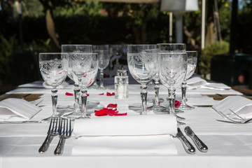 Close up detail of elegant served table outdoors.