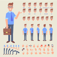  Front, side, back view animated character. Business man character creation set with various views, hairstyles, face emotions, poses and gestures. Cartoon style, flat vector illustration.