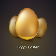 Golden eggs, Realistic Ester egg with reflections and reflexes, volumetric 3D illustration. Party invitation template. Perfect for greeting card or elegant party invitation.