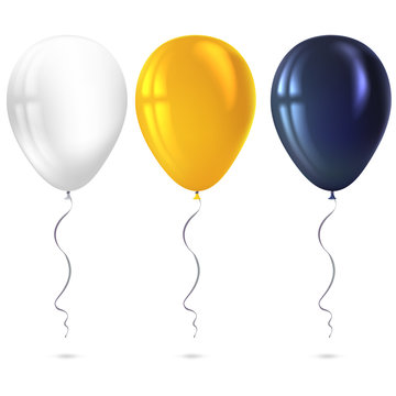 Inflatable air flying balloons isolated on white background. Close-up look at black, white and yellow icon of balloons with reflects. Realistic 3D illustration